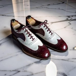 burgundy and white dress shoes Handmade Men Two Tone Maroon White Lace up Spectator Wing Tip Brogues Toe Premium Dress Shoes US-Size : 11.5
