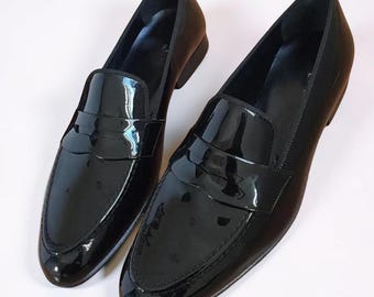 Handmade Black Genuine Patent Leather Slip On Loafers Office Dress Shoes For Men