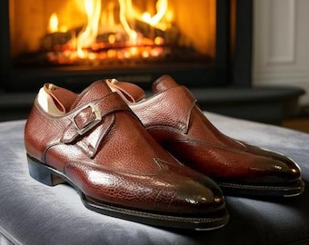 Handgefertigte Vollnarbenleder Monk Strap Schuhe, Braune Abendschuhe