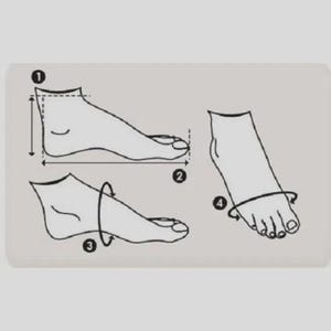 May include: Diagram illustrating foot measurement points. The image shows a foot outline with numbered arrows indicating length, width, and circumference measurements. Ideal for shoe sizing guides.
