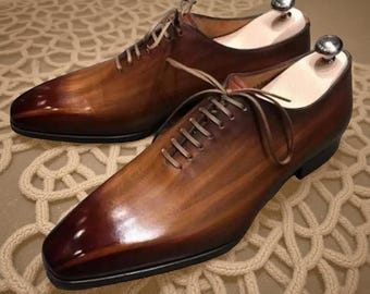 Handmade Brown Patina Leather Oxford Shoes Lace Up Formal Dress Shoes For Men