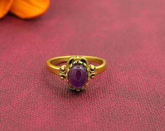 Natural Amethyst Gemstone Ring | Handmade Brass Ring | Purple Crystal Jewelry | Healing Stone Ring | Boho Vintage Gift