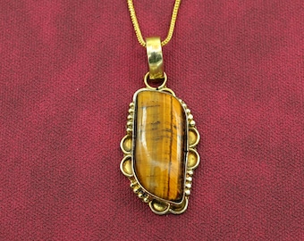Brass Tiger Eye Pendant • Natural Tiger Eye Necklace • Handmade Boho Jewelry • Protection Crystal Pendant • Gift for Men & Women