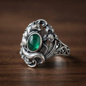 Puede incluir: Un anillo de plata con una piedra preciosa verde de forma ovalada en el centro. La banda está decorada con una figura de zorro esculpida en un lado y un motivo floral en el otro, con intrincados detalles de volutas metálicas en el diseño.