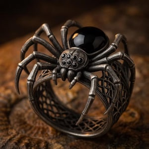 May include: A silver-toned ring shaped like a spider with a large, smooth, black, rounded stone as the abdomen. The spider has eight legs, six small black eyes, and a band designed with an intricate, open-work web pattern in dark metal.