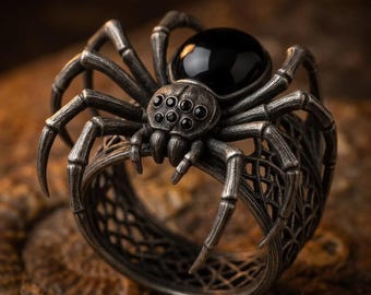 May include: A silver-toned ring shaped like a spider with a large, smooth, black, rounded stone as the abdomen. The spider has eight legs, six small black eyes, and a band designed with an intricate, open-work web pattern in dark metal.