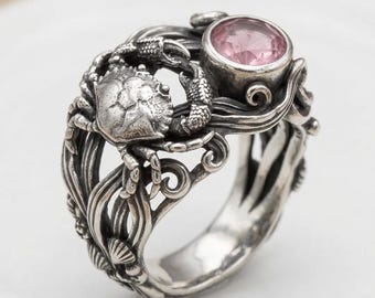 Art Nouveau Crab Ring Silver Pink Stone Ocean Animal Statement Ring