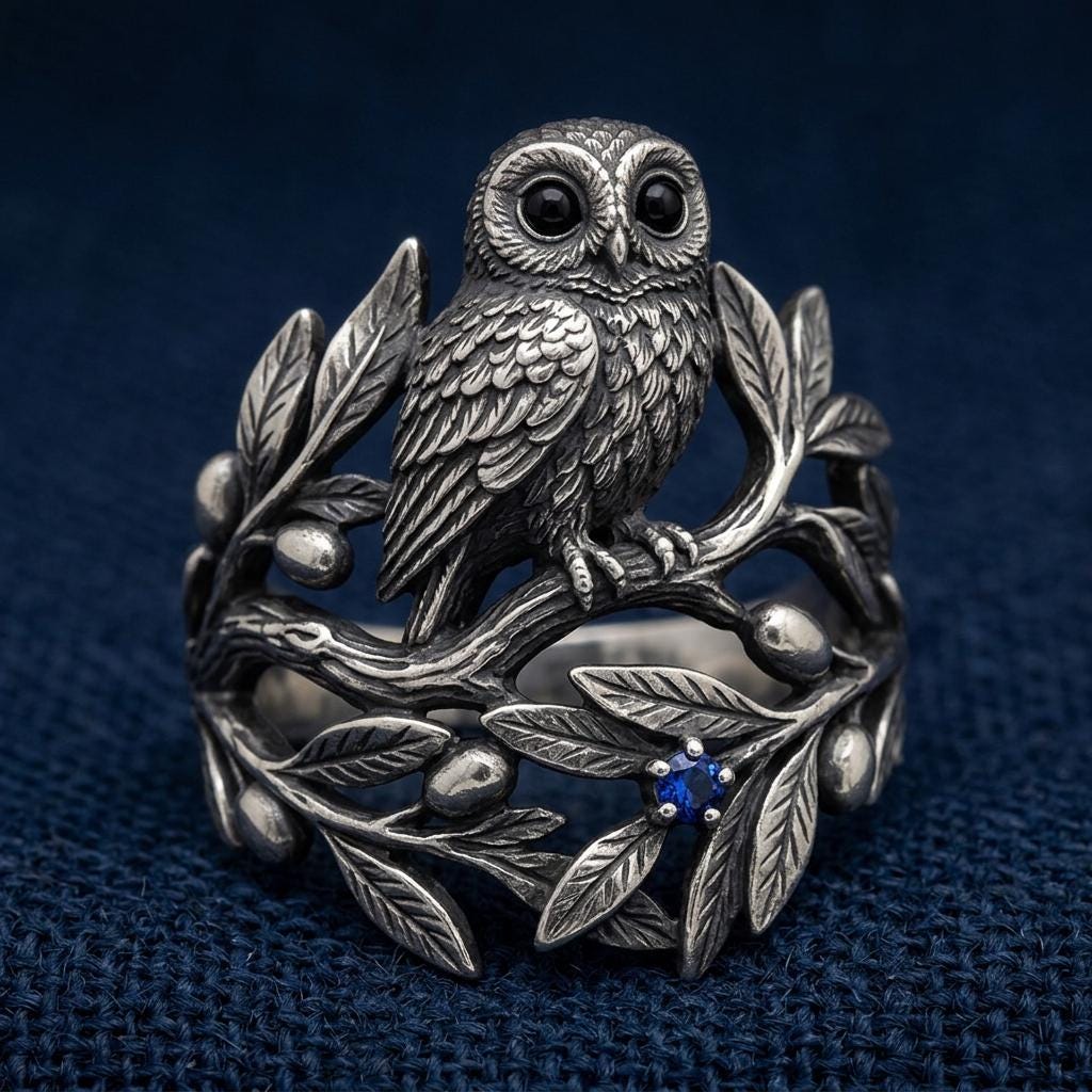 Owl Branch Ring Silver Blue Stone Nature Statement Band