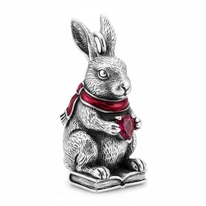 925 Sterling Silver Bunny Reading on Book Charm Pendant with Red Heart Gem & Scarf | Rabbit Necklace Charm, Book Lover Gift