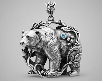 Colgante de oso polar, collar de plata con diseño de animal ártico, piedra azul, joyería inspirada en la naturaleza con hojas y enredaderas.