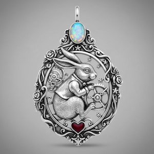 Rabbit Oval Pendant Silver Opal Style Red Heart Steampunk Floral Charm