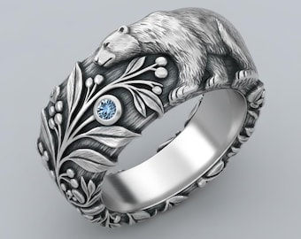 Anillo de oso polar, alianza de plata inspirada en la naturaleza, joyería de fauna ártica con piedra azul.