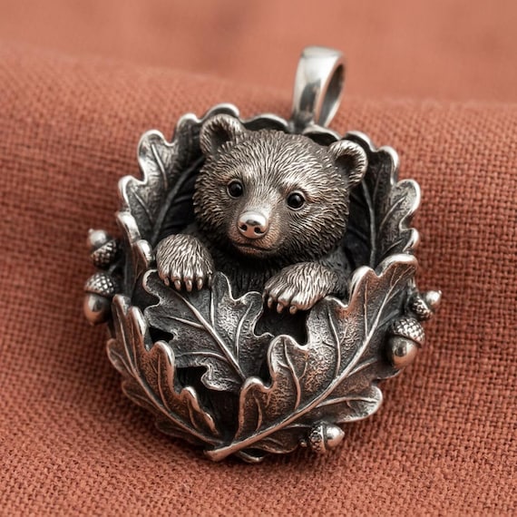 Bear Pendant Necklace Silver and Copper Oak Leaf Acorn Forest Animal Jewelry