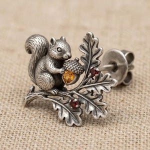 Squirrel Acorn Stud Earring, Silver Oak Leaf Design with Amber and Red Stones