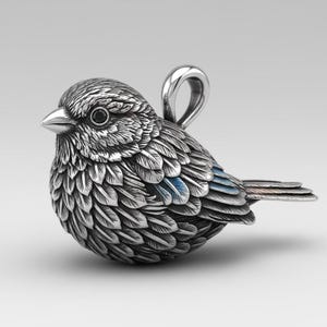 Puede incluir: Colgante de plata detallado con forma de pájaro y un lazo para una cadena. El pájaro tiene plumas texturizadas, un pico pequeño y un ojo oscuro. Las plumas de la cola tienen toques de azul y rojo. Una joya encantadora.