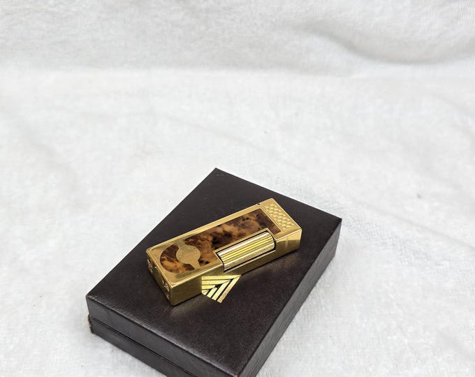 Vintage Alfred Dunhill Rollagas Gold Plated Brown Enamel Lighter With Box ~ Work Perfectly