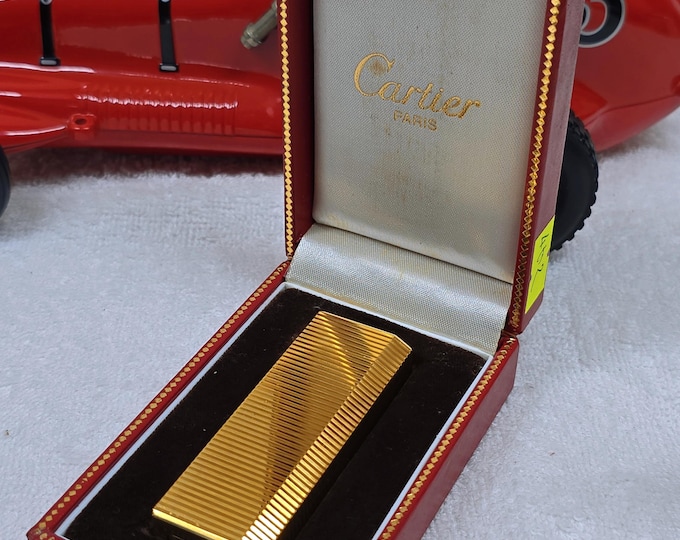 Authentic Vintage Paris Made CARTIER Pentagon Gold Plated Lighter With Box - Work Great