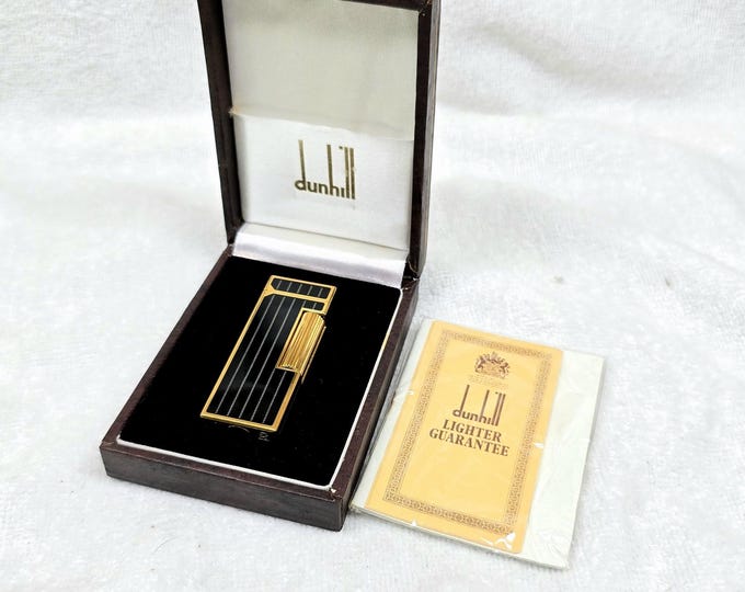Vintage Alfred Dunhill Rollagas Gold Plated Black Enamel Lighter With Box ~ Work Perfectly