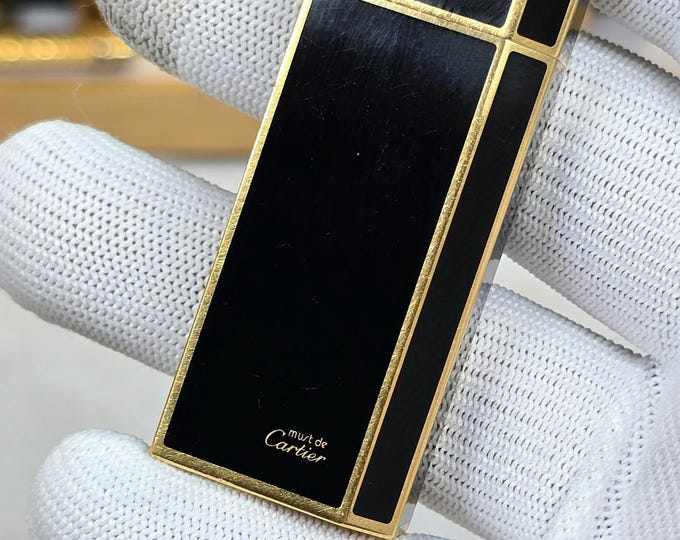 Authentic Vintage 18ct Gold Plated & Black Lacquer Cartier Pentagon Lighter - Working Condition