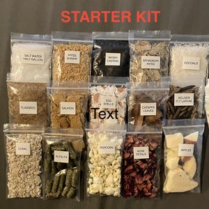 May include: A starter kit with various ingredients in clear plastic bags, including salt water, shrimp, worm casting, sphagnum moss, coconut, flaxseed, salmon, coral, alfalfa, egg shells, soldier fly larvae, catappa leaves, popcorn, rose petals, and apples. A bottle of coconut oil is also included.