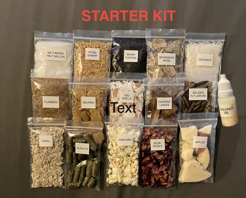 May include: A starter kit with various ingredients in clear plastic bags, including salt water, shrimp, worm casting, sphagnum moss, coconut, flaxseed, salmon, coral, alfalfa, egg shells, soldier fly larvae, catappa leaves, popcorn, rose petals, and apples. A bottle of coconut oil is also included.