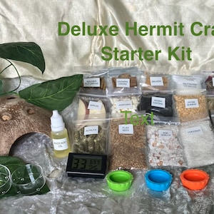May include: A Deluxe Hermit Crab Starter Kit with various supplies. The kit includes a coconut hideaway, avocado oil, a digital thermometer, small bowls, and several small bags of food and substrate. The text "Deluxe Hermit Crab Starter Kit" is visible.