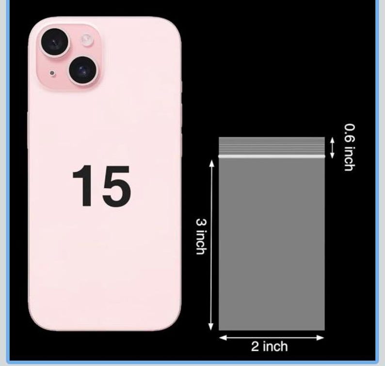 May include: A light pink phone case with the number 15 printed on it, next to a 2 x 3 inch gray plastic bag. The bag is 0.6 inches thick. The phone case has two camera lenses.