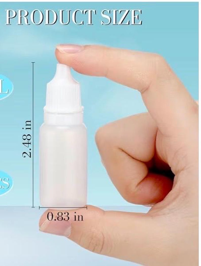 May include: A white plastic dropper bottle, 2.48 inches tall and 0.83 inches wide, is held between fingers against a light blue background. The bottle has a white cap and a clear body, with the words "PRODUCT SIZE" at the top.