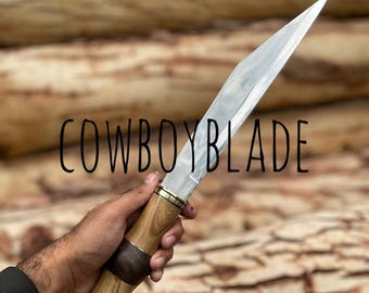 Handsmidd Seax-kniv: D2-blad i rostfritt stål, läderslida
