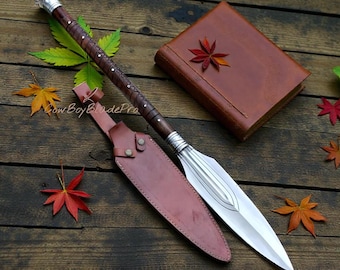Hand-Forged Carbon Steel Viking Spear Sword: Rosewood Handle, Leather Sheath