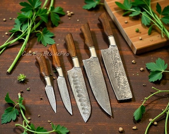 Handgesmede koksmessenset van damaststaal, keukenmessen | Chef-messenset, handgemaakt 5-delig damastmes Cadeau voor hem, cadeaus voor haar