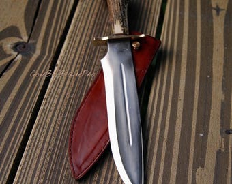 Custom Hand Forged Hunting Bowie Knife Stag Horn Handle With Leather Sheath