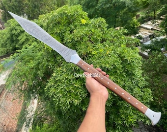 Handmade Damascus Viking Spear: Rosewood Handle, Leather Sheath