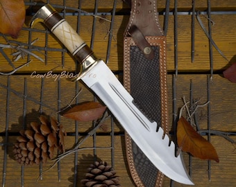 Faca de caça Bowie personalizada, forjada à mão em aço inoxidável, com bainha de couro.