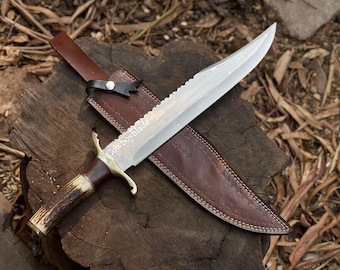 Handmade D2 Steel Bowie Hunting Knife: Stag Handle, Leather Sheath