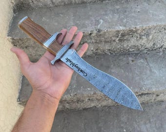 Handmade Damascus Steel Bowie Knife with Rosewood Handle & Leather Sheath