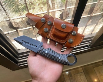 Carbon Steel Tanto Knife: Outdoor Survival Hunting Knife with Leather Sheath