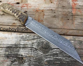 Handsmidd Viking Seax-kniv i damaskusstål med slida av ramhorn