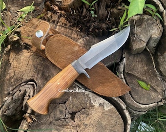 Hand Forged 1095 High Carbon Steel Hunting Knife - Olive Wood Handle, Leather Sheath