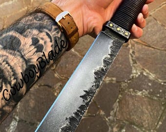 Handgeschmiedetes Sax-Messer aus Kohlenstoffstahl im Wikinger-Design mit Lederscheide
