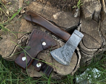 Handmade Damascus Steel Hatchet | Rosewood Handle, Leather Sheath