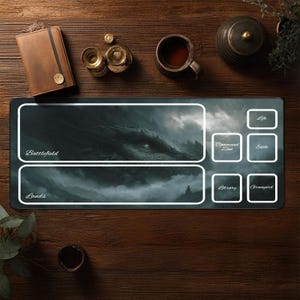 May include: A rectangular gaming mousepad featuring a fantasy landscape with a dragon's eye. The mousepad has labeled zones for "Battlefield," "Lands," "Command Zone," "Life," "Exile," "Library," and "Graveyard." The background is dark with a stormy sky.