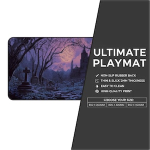 May include: Rectangular playmat featuring a gothic graveyard scene with a full moon, trees, and a church. The playmat has the text "ULTIMATE PLAYMAT" and size options. It has a non-slip rubber back and is 2mm thick.