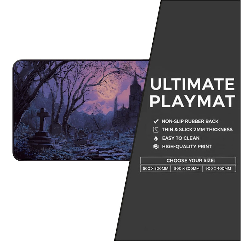 May include: Rectangular playmat featuring a gothic graveyard scene with a full moon, trees, and a church. The playmat has the text "ULTIMATE PLAYMAT" and size options. It has a non-slip rubber back and is 2mm thick.