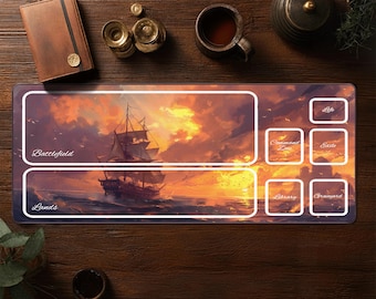 Tapete de juego con atardecer de barco pirata - Tapete de juego MTG con zonas - Tapete de escritorio Magic The Gathering - Tapete TCG - Alfombrilla de ratón Fantasy XXL
