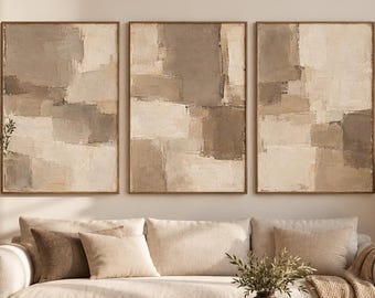 Neutral Abstract Triptych Wall Art, Taupe Mushroom Textured Prints (Digital Download)