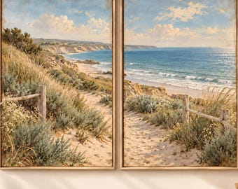 Sunlit Coastal Path Diptych, Vintage Seaside Landscape Prints (Digital Download)