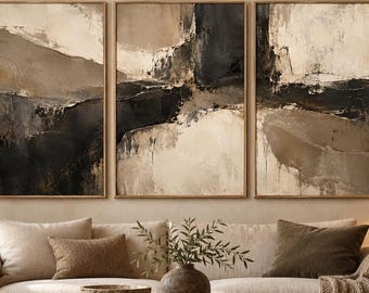 Grand Neutral Abstract Wall Art Set, Taupe Charcoal Textured Prints (Digital Download)