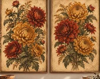Antique Floral Print Set, Rust Dahlias & Ochre Chrysanthemums (Digital Download)