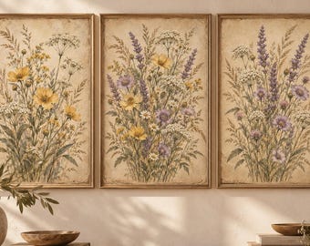 Antique Meadow Flower Paintings Set, Vintage Wildflower Botanical Prints (Digital Download)